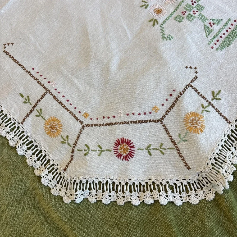 VTG Gorgeous Handmade Cross Stitch Table Cover / Dresser Cover Lace Edge 36.5x27